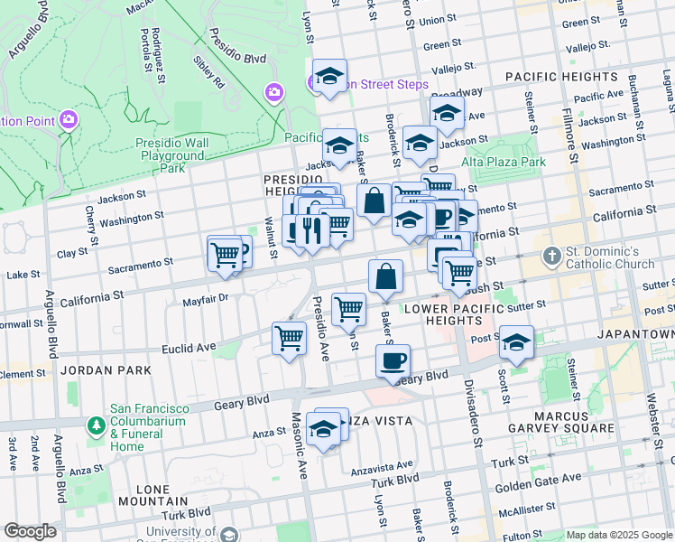 map of restaurants, bars, coffee shops, grocery stores, and more near 1662 Lyon Street in San Francisco