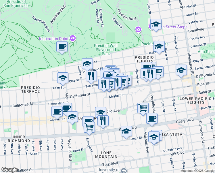 map of restaurants, bars, coffee shops, grocery stores, and more near 3530 California Street in San Francisco