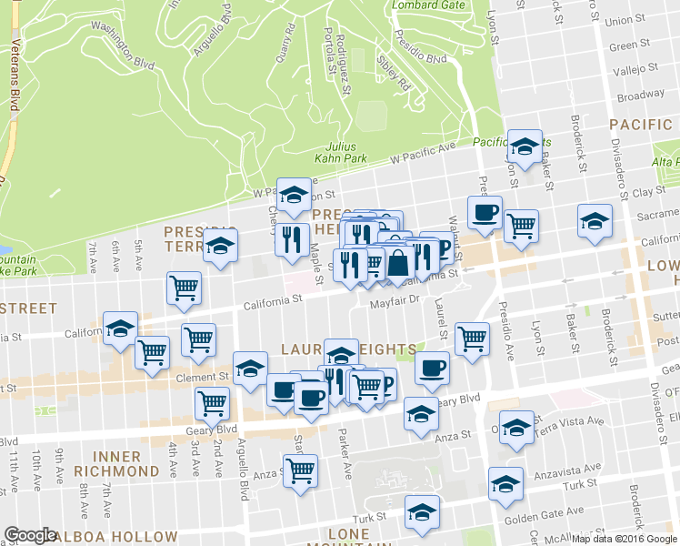 map of restaurants, bars, coffee shops, grocery stores, and more near 3624 California Street in San Francisco