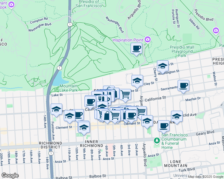 map of restaurants, bars, coffee shops, grocery stores, and more near 321 Lake Street in San Francisco