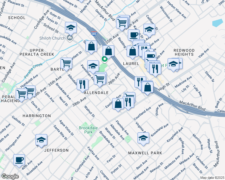 map of restaurants, bars, coffee shops, grocery stores, and more near 3952 Angelo Avenue in Oakland