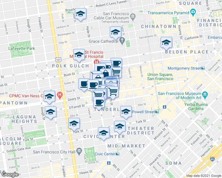 map of restaurants, bars, coffee shops, grocery stores, and more near 630 Leavenworth St in San Francisco