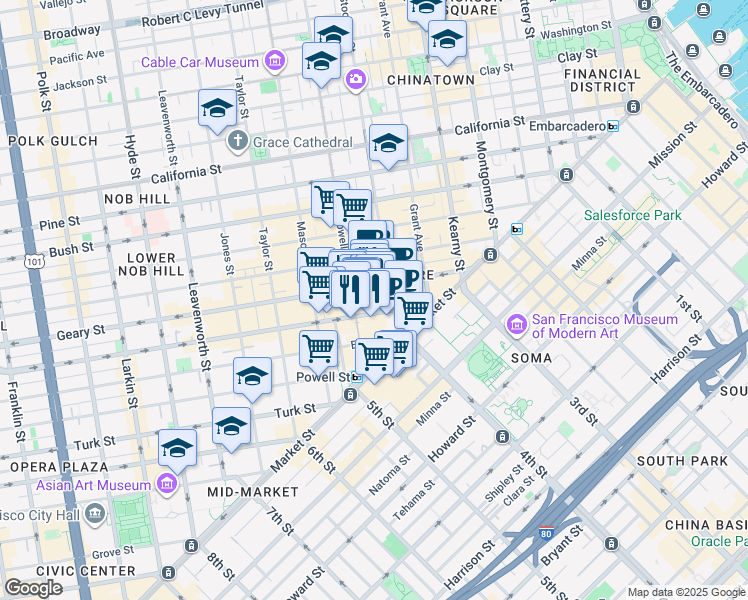 map of restaurants, bars, coffee shops, grocery stores, and more near 170 O'Farrell Street in San Francisco
