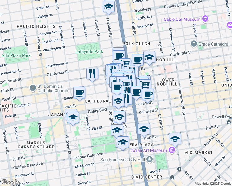 map of restaurants, bars, coffee shops, grocery stores, and more near 1483 Sutter Street in San Francisco