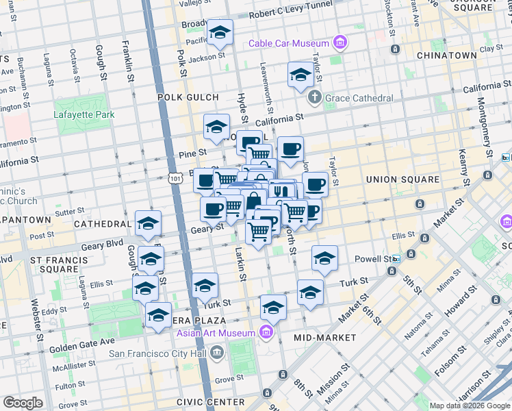map of restaurants, bars, coffee shops, grocery stores, and more near 610 Hyde Street in San Francisco