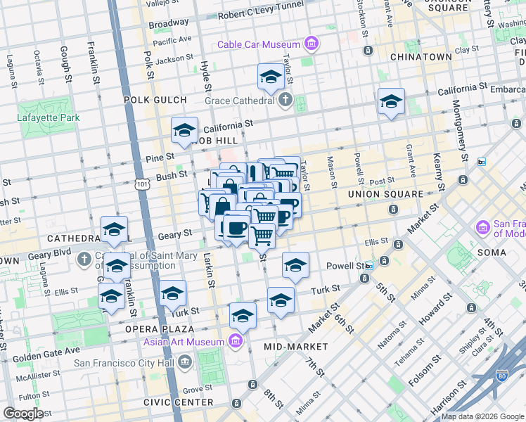 map of restaurants, bars, coffee shops, grocery stores, and more near in San Francisco