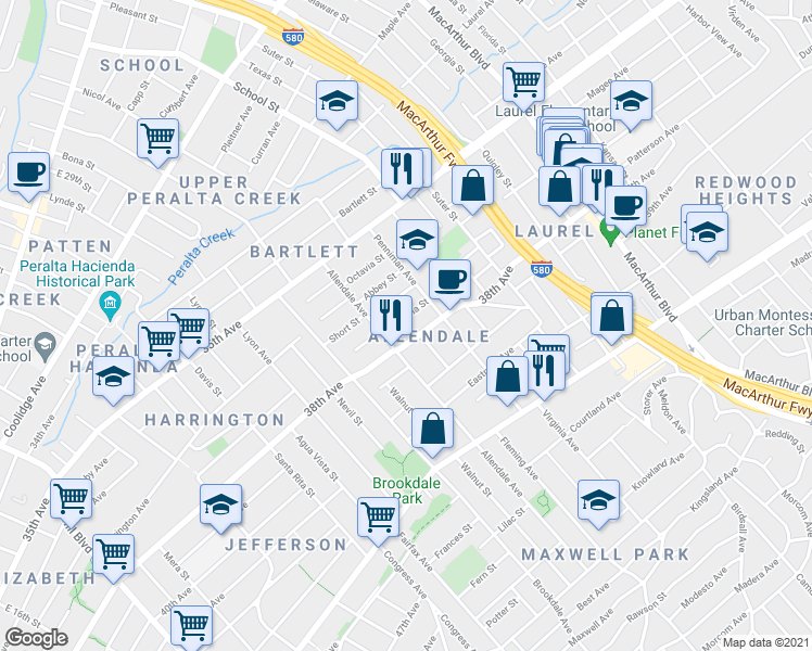map of restaurants, bars, coffee shops, grocery stores, and more near 2834 Viola Street in Oakland