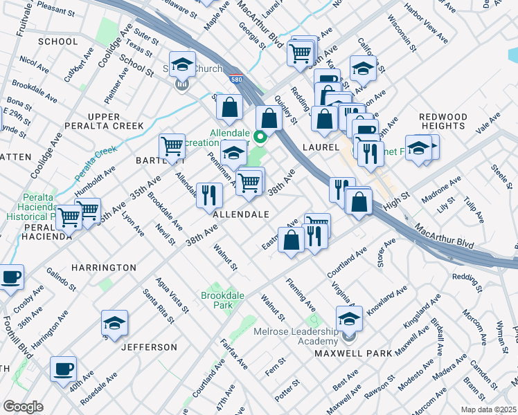 map of restaurants, bars, coffee shops, grocery stores, and more near 3915 Penniman Avenue in Oakland