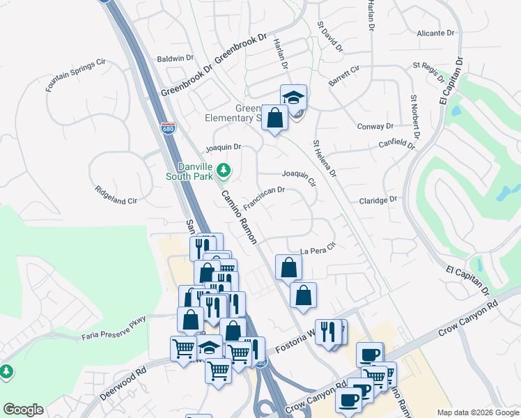 map of restaurants, bars, coffee shops, grocery stores, and more near 24 Barcelona Court in Danville