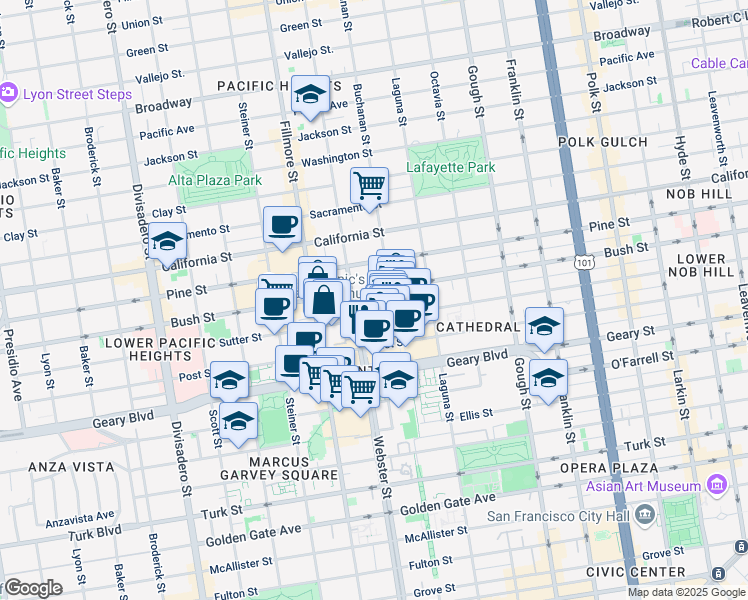 map of restaurants, bars, coffee shops, grocery stores, and more near 2043 Bush Street in San Francisco