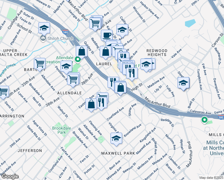 map of restaurants, bars, coffee shops, grocery stores, and more near 3304 Maybelle Way in Oakland