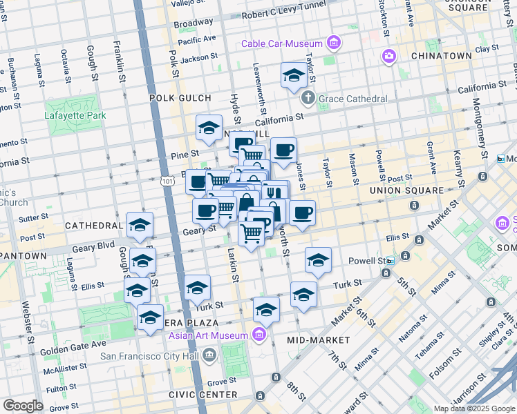 map of restaurants, bars, coffee shops, grocery stores, and more near 875 Post Street in San Francisco