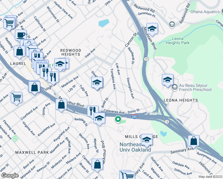 map of restaurants, bars, coffee shops, grocery stores, and more near 3861 Buell Street in Oakland