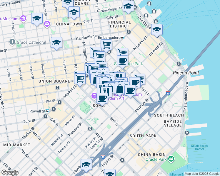 map of restaurants, bars, coffee shops, grocery stores, and more near 168 2nd Street in San Francisco