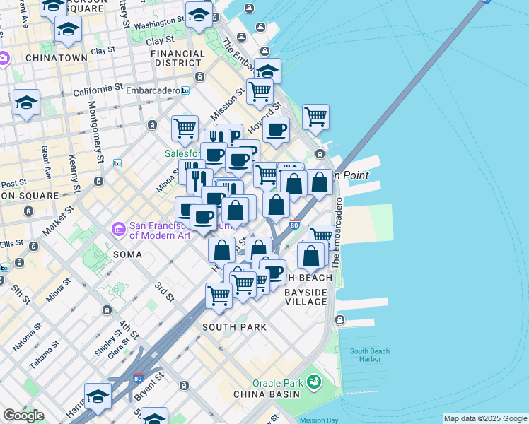 map of restaurants, bars, coffee shops, grocery stores, and more near 425 1st Street in San Francisco
