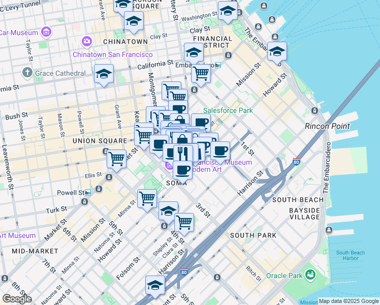 map of restaurants, bars, coffee shops, grocery stores, and more near 111-121 New Montgomery Street in San Francisco