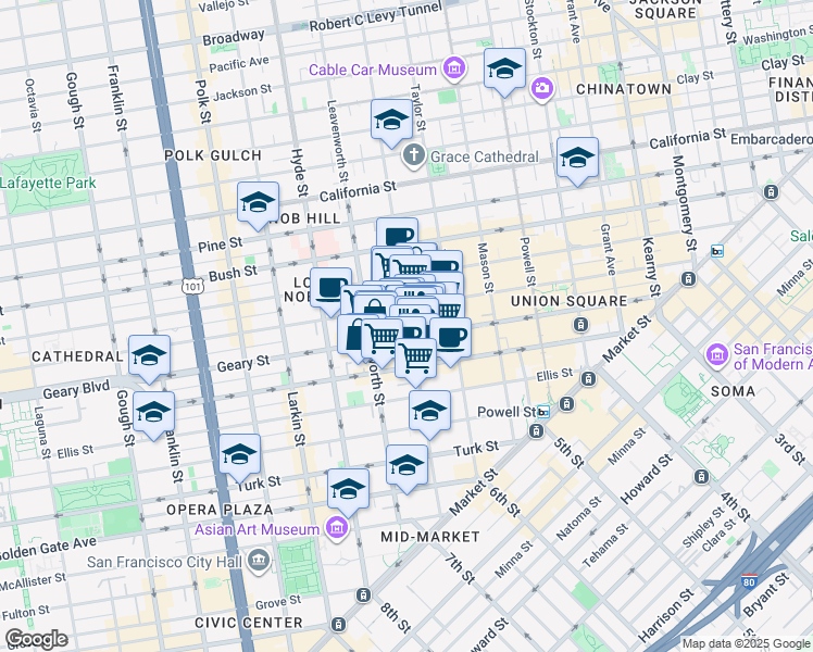 map of restaurants, bars, coffee shops, grocery stores, and more near in San Francisco