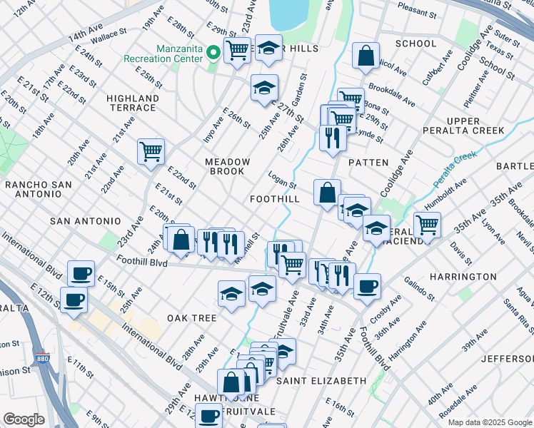 map of restaurants, bars, coffee shops, grocery stores, and more near 2300 Mitchell Street in Oakland