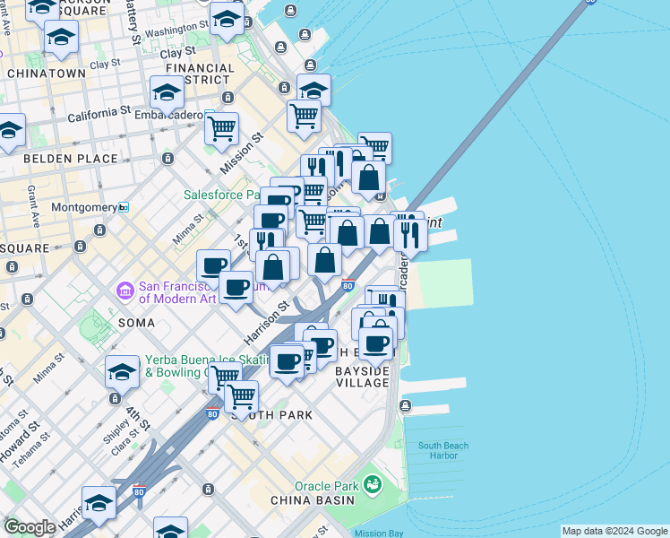 map of restaurants, bars, coffee shops, grocery stores, and more near 450 Beale Street in San Francisco