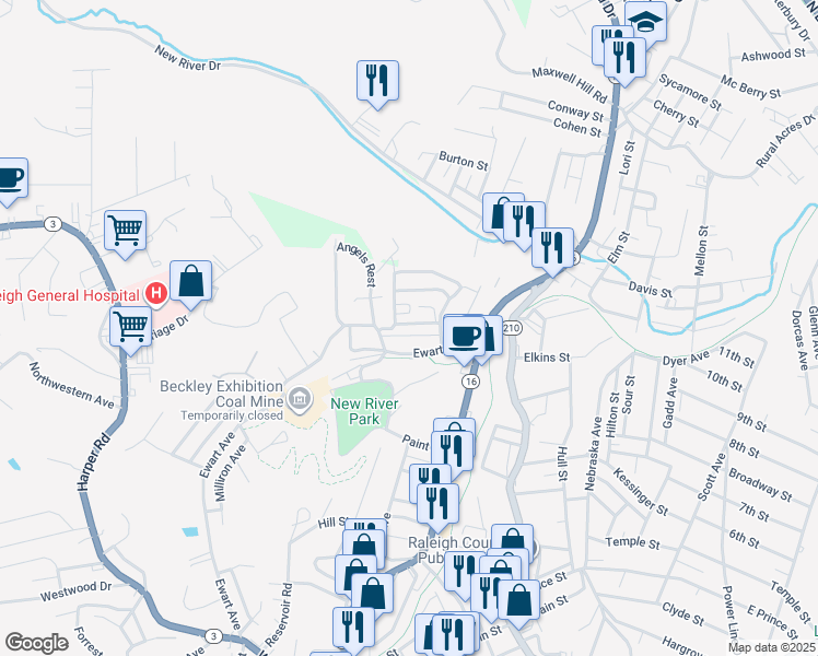 map of restaurants, bars, coffee shops, grocery stores, and more near 127 North 2nd Street in Beckley