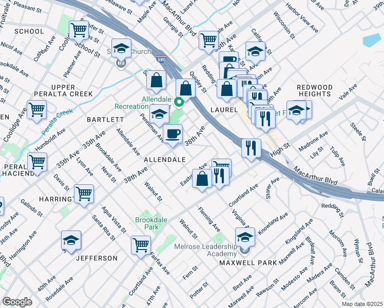 map of restaurants, bars, coffee shops, grocery stores, and more near 3946 Angelo Avenue in Oakland
