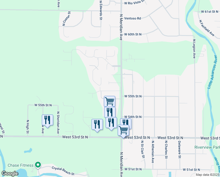 map of restaurants, bars, coffee shops, grocery stores, and more near 2623 West 55th Circle North in Wichita
