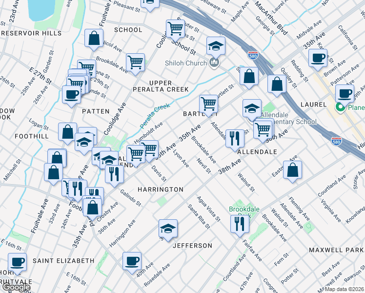 map of restaurants, bars, coffee shops, grocery stores, and more near 3550 Lyon Avenue in Oakland