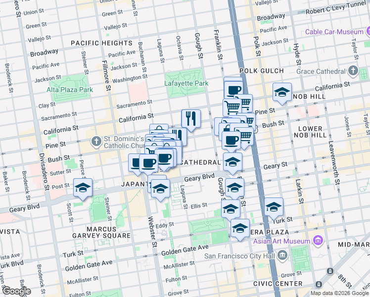 map of restaurants, bars, coffee shops, grocery stores, and more near 1619 Sutter Street in San Francisco