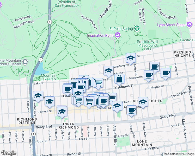 map of restaurants, bars, coffee shops, grocery stores, and more near 119 3rd Avenue in San Francisco