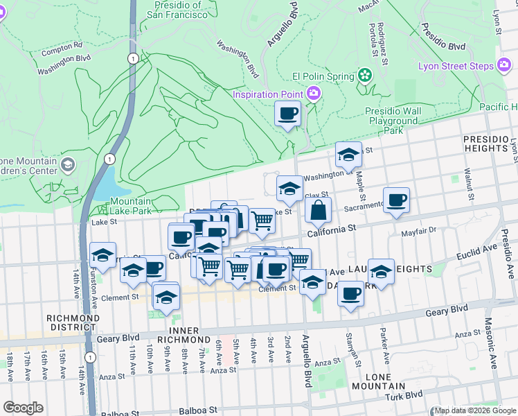 map of restaurants, bars, coffee shops, grocery stores, and more near 115 3rd Avenue in San Francisco