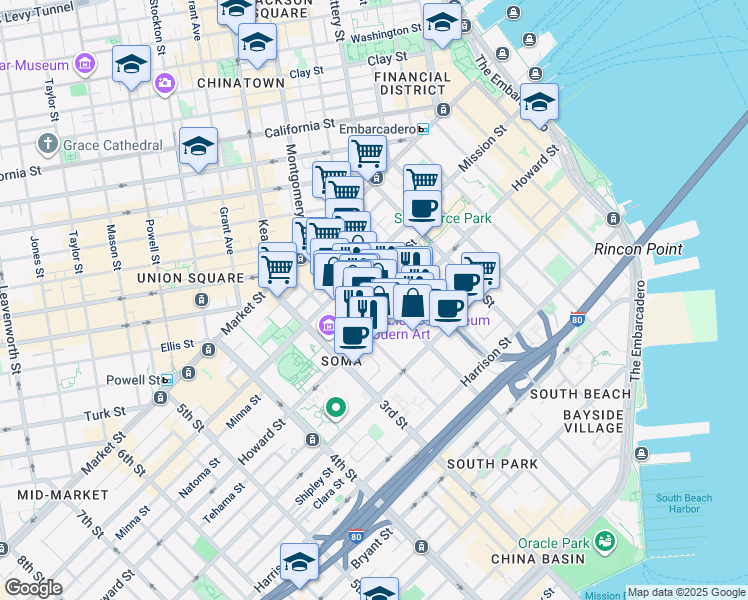 map of restaurants, bars, coffee shops, grocery stores, and more near 168 2nd Street in San Francisco