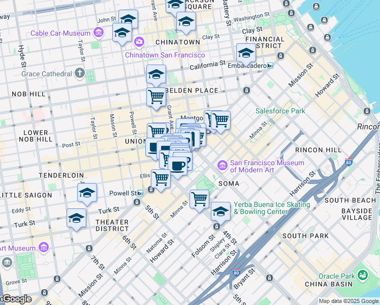 map of restaurants, bars, coffee shops, grocery stores, and more near 717 Market Street in San Francisco