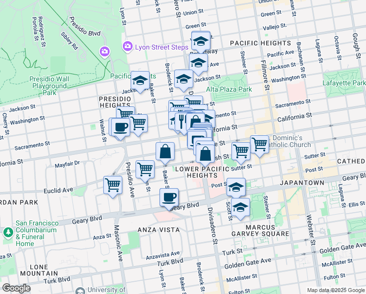 map of restaurants, bars, coffee shops, grocery stores, and more near 2790 Pine Street in San Francisco
