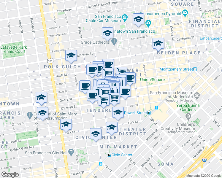 map of restaurants, bars, coffee shops, grocery stores, and more near 611 Jones Street in San Francisco