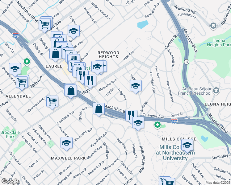 map of restaurants, bars, coffee shops, grocery stores, and more near 3669 Green Acre Road in Oakland