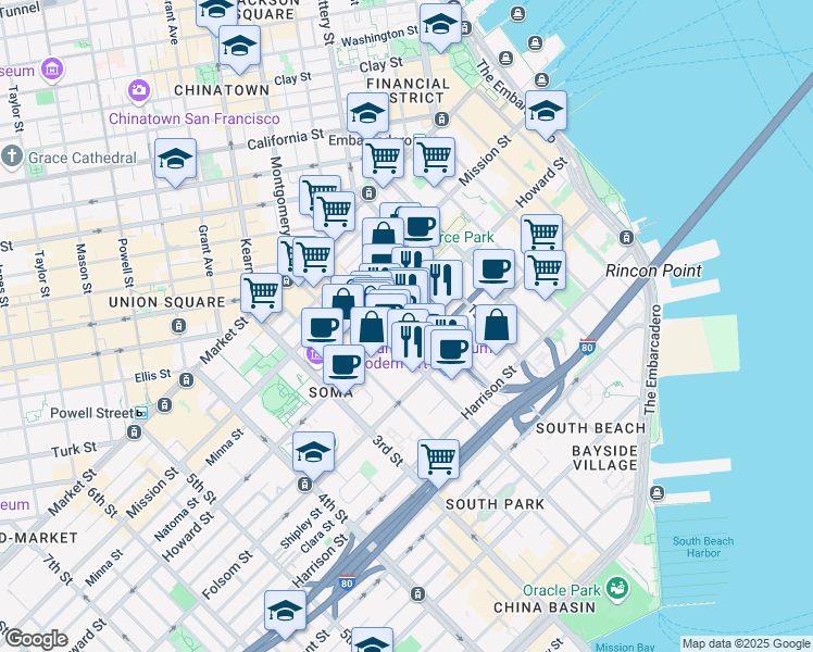 map of restaurants, bars, coffee shops, grocery stores, and more near 299 2nd Street in San Francisco