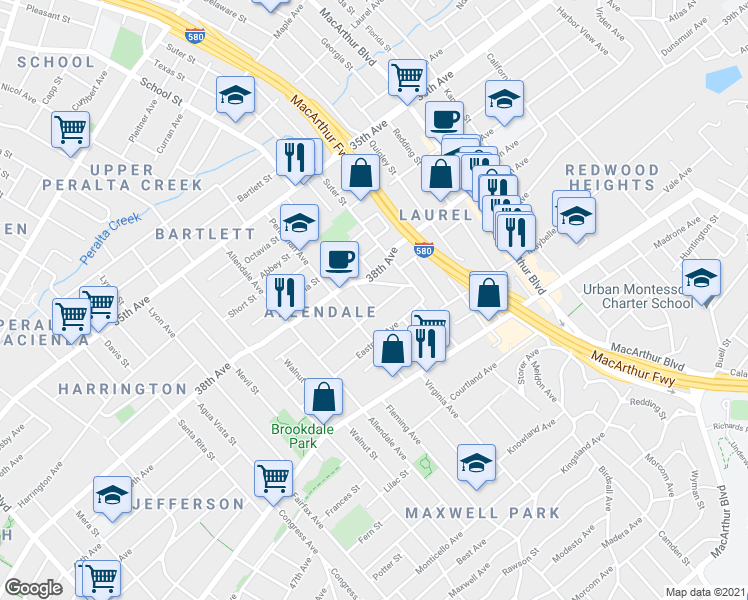 map of restaurants, bars, coffee shops, grocery stores, and more near 3020 Minna Avenue in Oakland