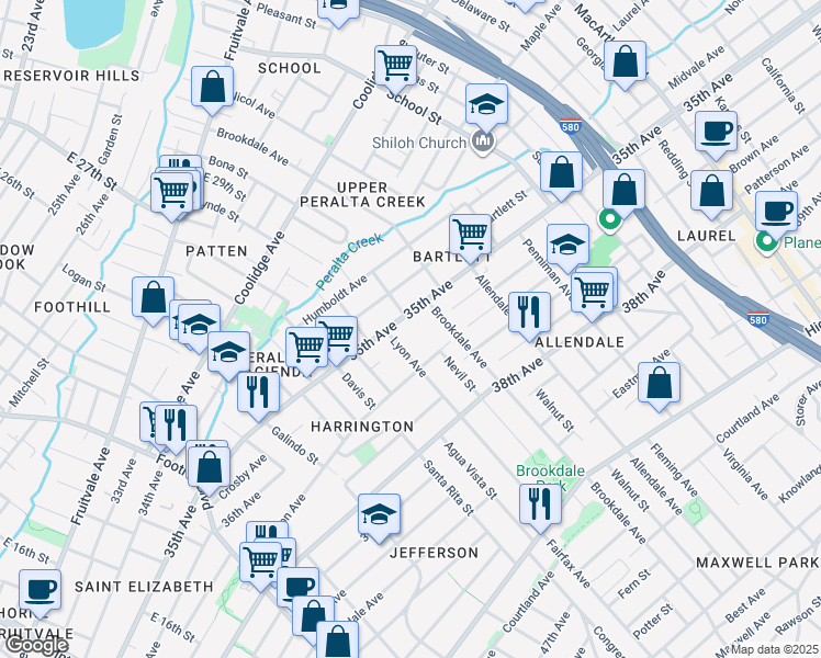 map of restaurants, bars, coffee shops, grocery stores, and more near 3550 Lyon Avenue in Oakland
