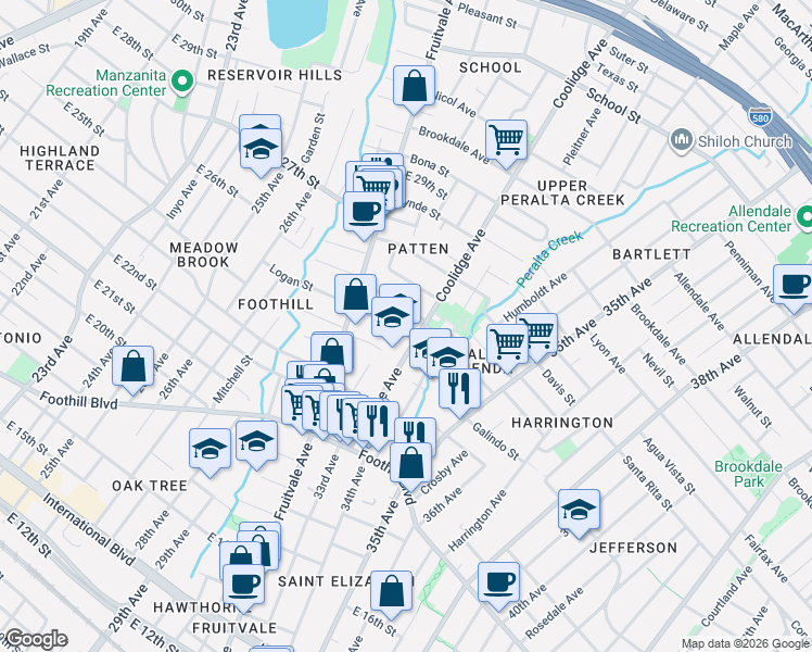 map of restaurants, bars, coffee shops, grocery stores, and more near 2450 Coolidge Avenue in Oakland