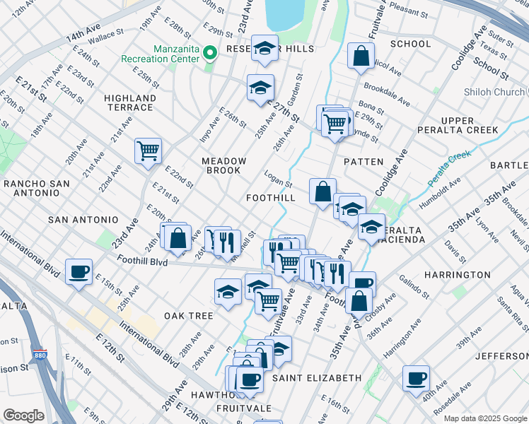 map of restaurants, bars, coffee shops, grocery stores, and more near 2300 Mitchell Street in Oakland