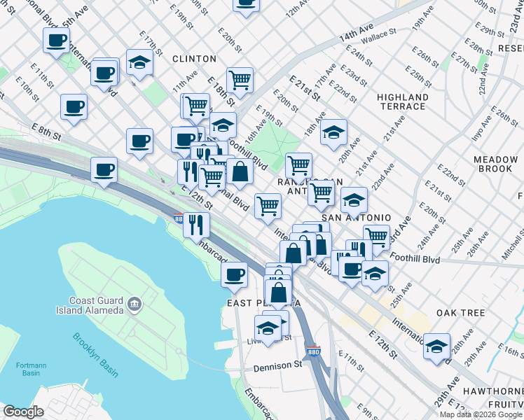 map of restaurants, bars, coffee shops, grocery stores, and more near 1852 International Boulevard in Oakland