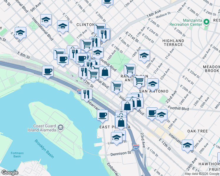 map of restaurants, bars, coffee shops, grocery stores, and more near 1200 18th Avenue in Oakland