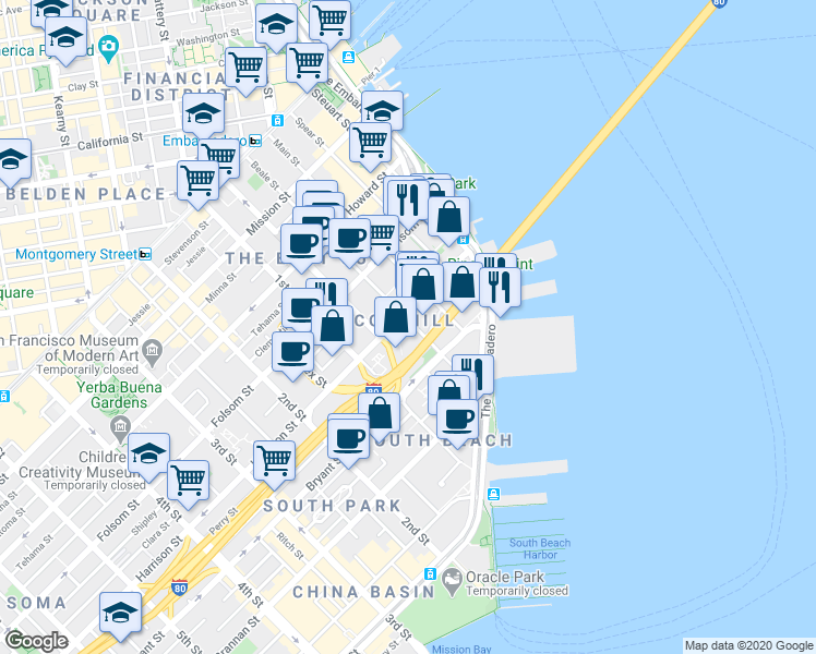 map of restaurants, bars, coffee shops, grocery stores, and more near 450 Beale Street in San Francisco