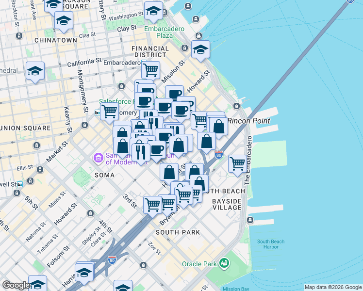 map of restaurants, bars, coffee shops, grocery stores, and more near 346 1st Street in San Francisco