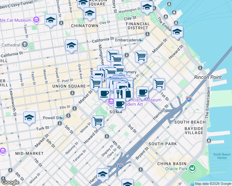 map of restaurants, bars, coffee shops, grocery stores, and more near 111-121 New Montgomery Street in San Francisco