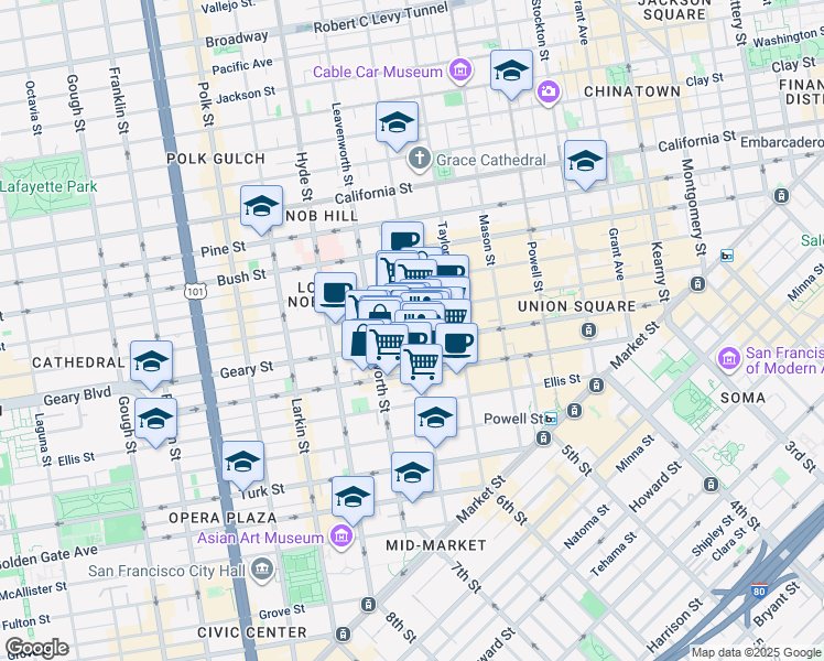 map of restaurants, bars, coffee shops, grocery stores, and more near in San Francisco