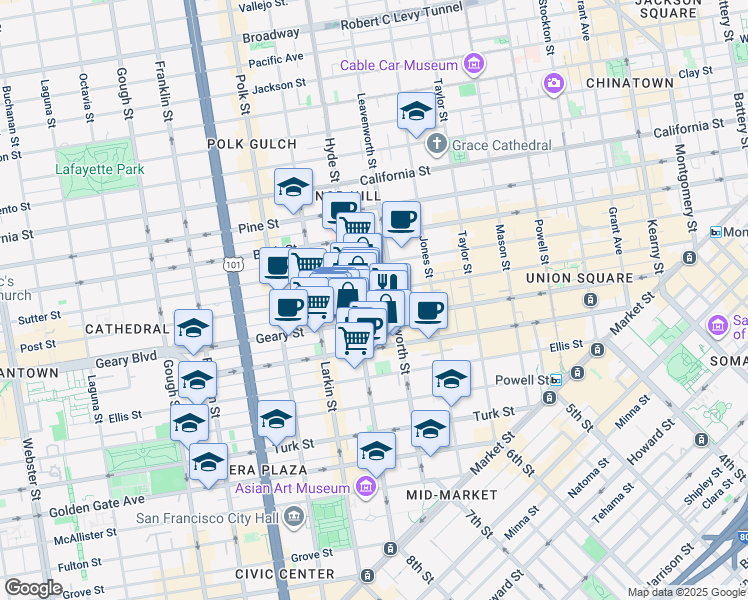 map of restaurants, bars, coffee shops, grocery stores, and more near 610 Hyde Street in San Francisco