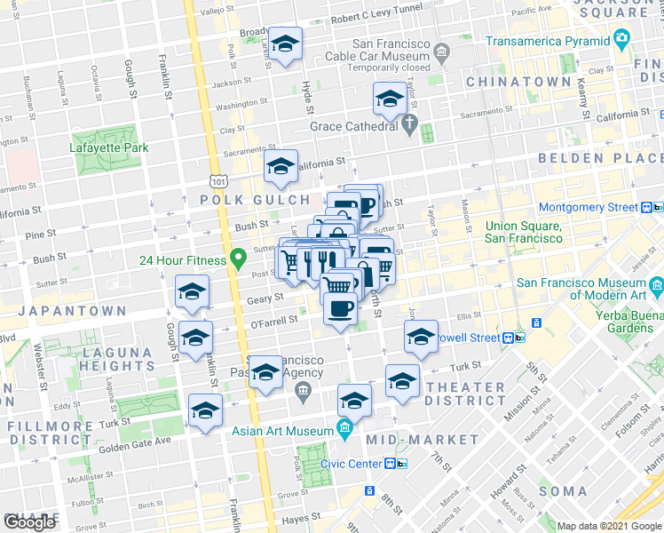 map of restaurants, bars, coffee shops, grocery stores, and more near 610 Hyde Street in San Francisco