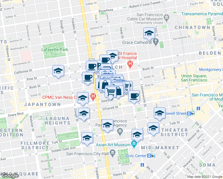 map of restaurants, bars, coffee shops, grocery stores, and more near in San Francisco