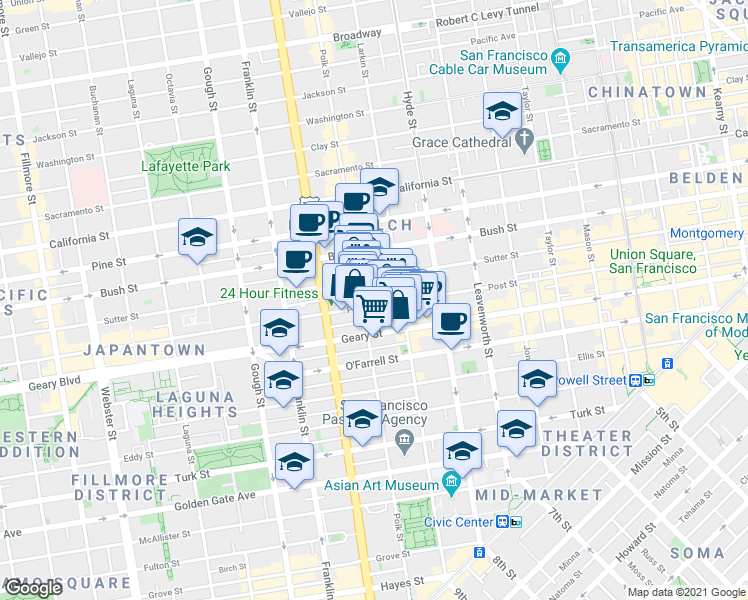map of restaurants, bars, coffee shops, grocery stores, and more near in San Francisco